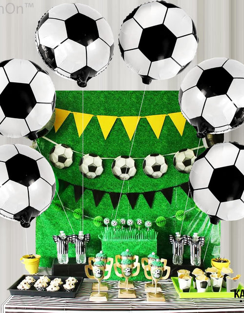 Load image into Gallery viewer, 6 Pieces, 18 Inch Soccer Balloons - Soccer Party Decorations | Soccer Birthday Party Supplies | Soccer Birthday Balloons for Soccer Party Decorations | Soccer Ball Balloons for Gender Reveal Decor
